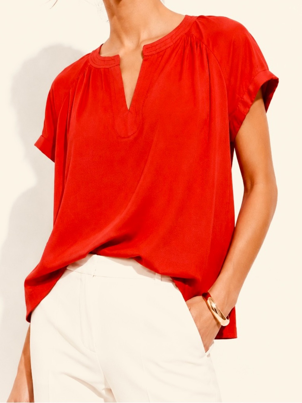 ROSE + OLIVE Tomato Red Split-Neck Short Sleeve Blouse Flowy Boxy Top